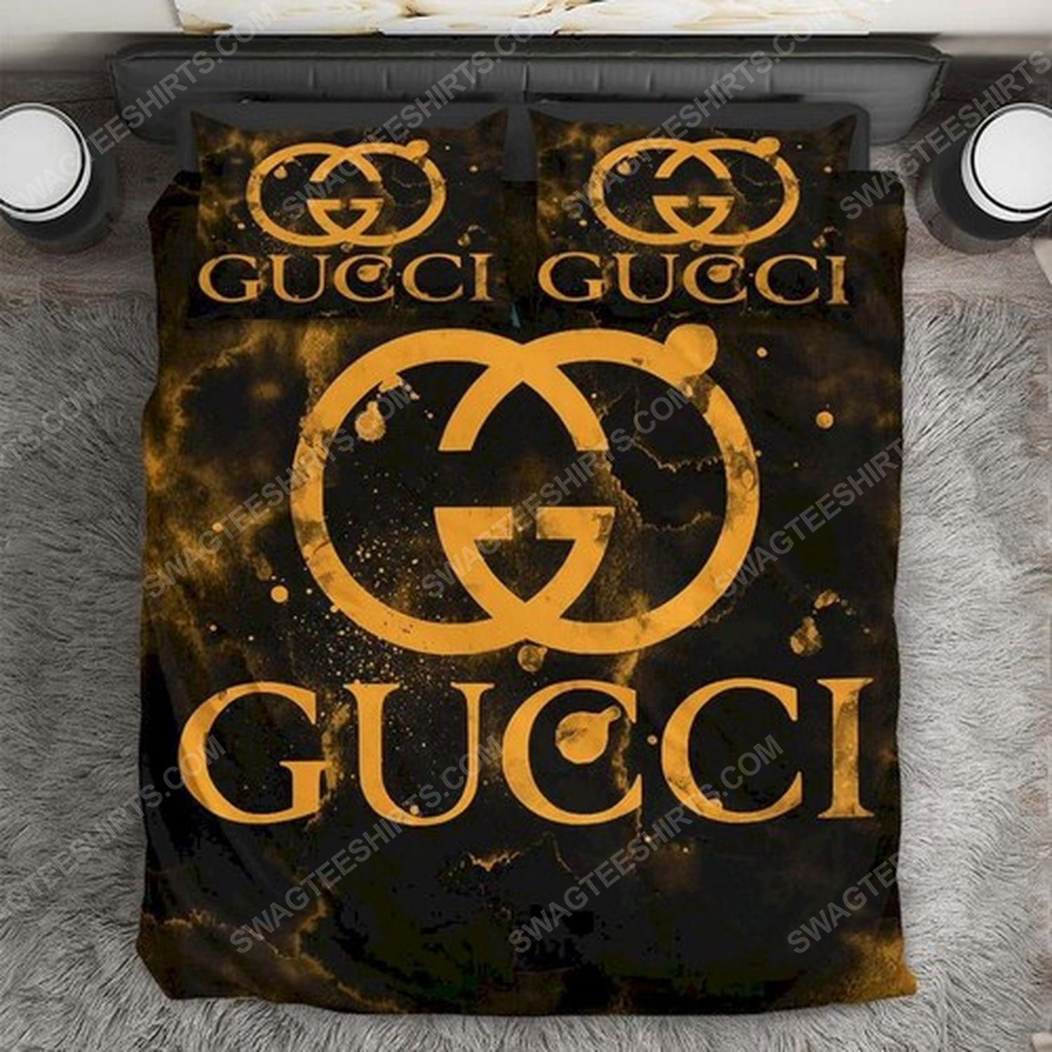 Gucci monogram gold version full print duvet cover bedding set 1
