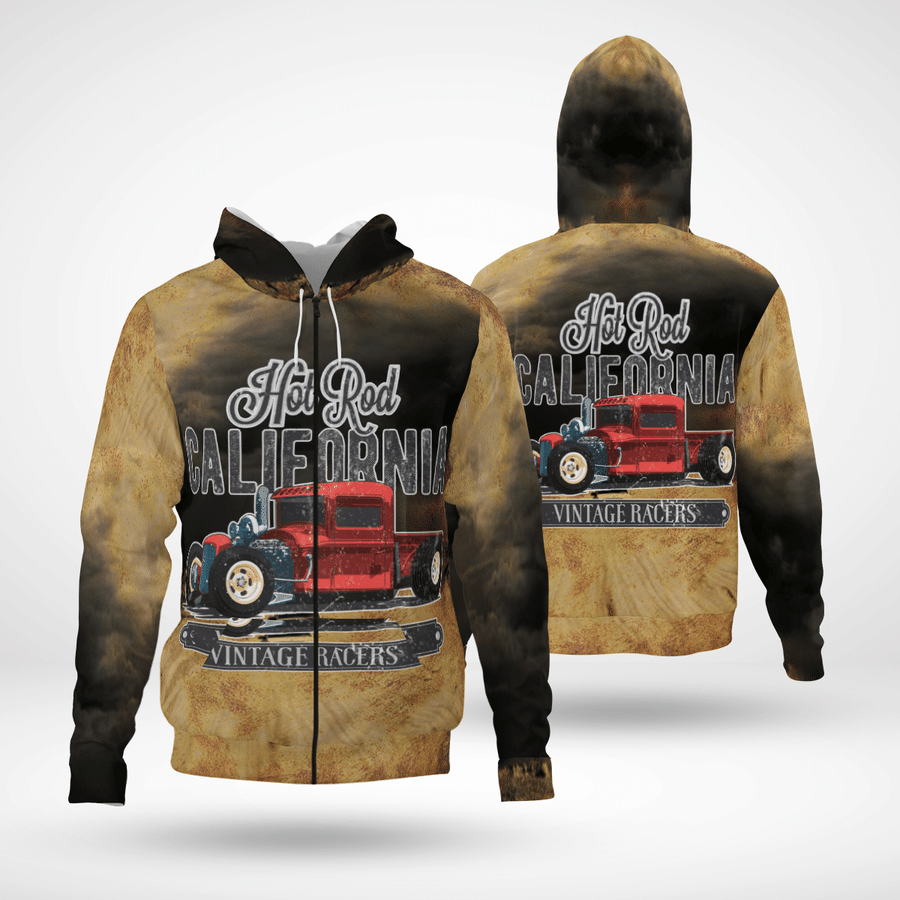Hot rod california vintage racers and 3d all over printed zip hoodie