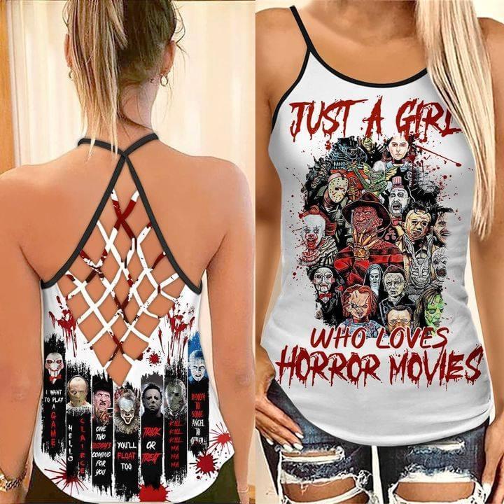 Just a girl who loves horror movies criss cross tank top