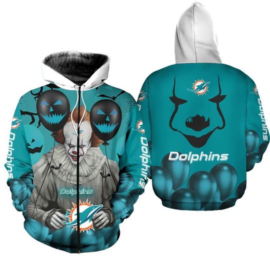 Miami dolphins pennywise the dancing clown it halloween 3d all over print hoodie1
