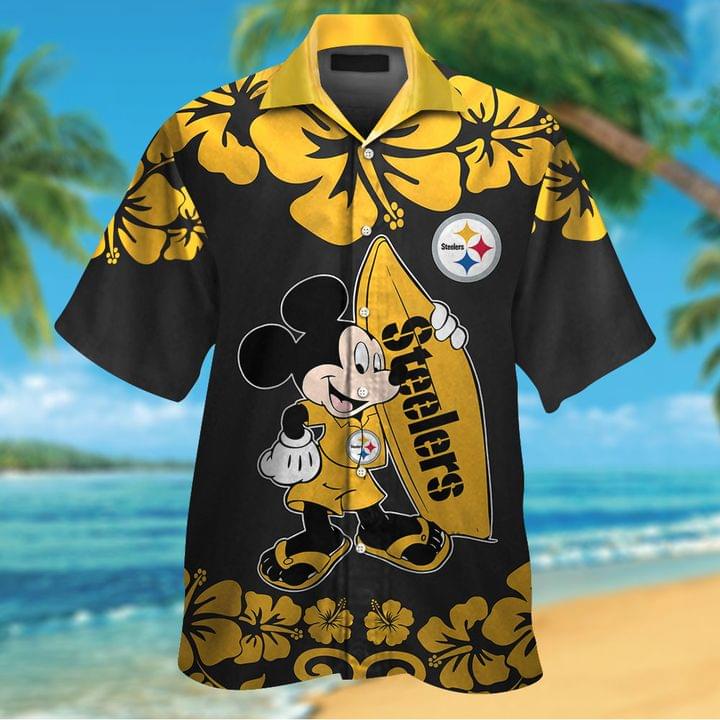 Mickey mouse and surfboard Pittsburgh Steelers hawaiian shirt and short sleeve shirt