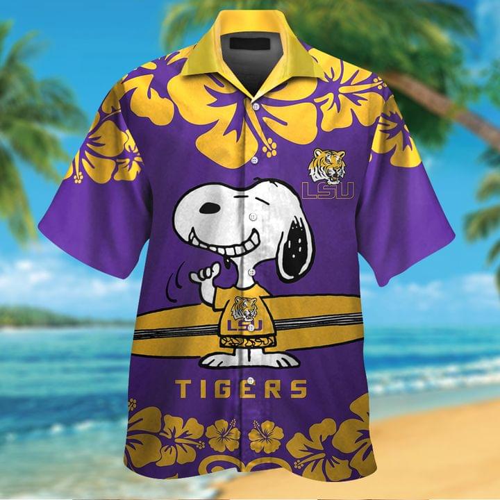 Snoopy and surfboard LSU Tigers hawaiian shirt