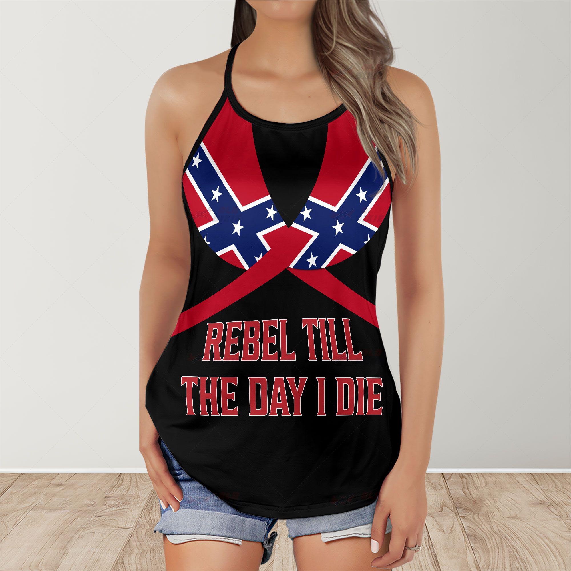 Southern Confederate Flag Skull Rebel till the day I die criss cross tank top - Picture 1