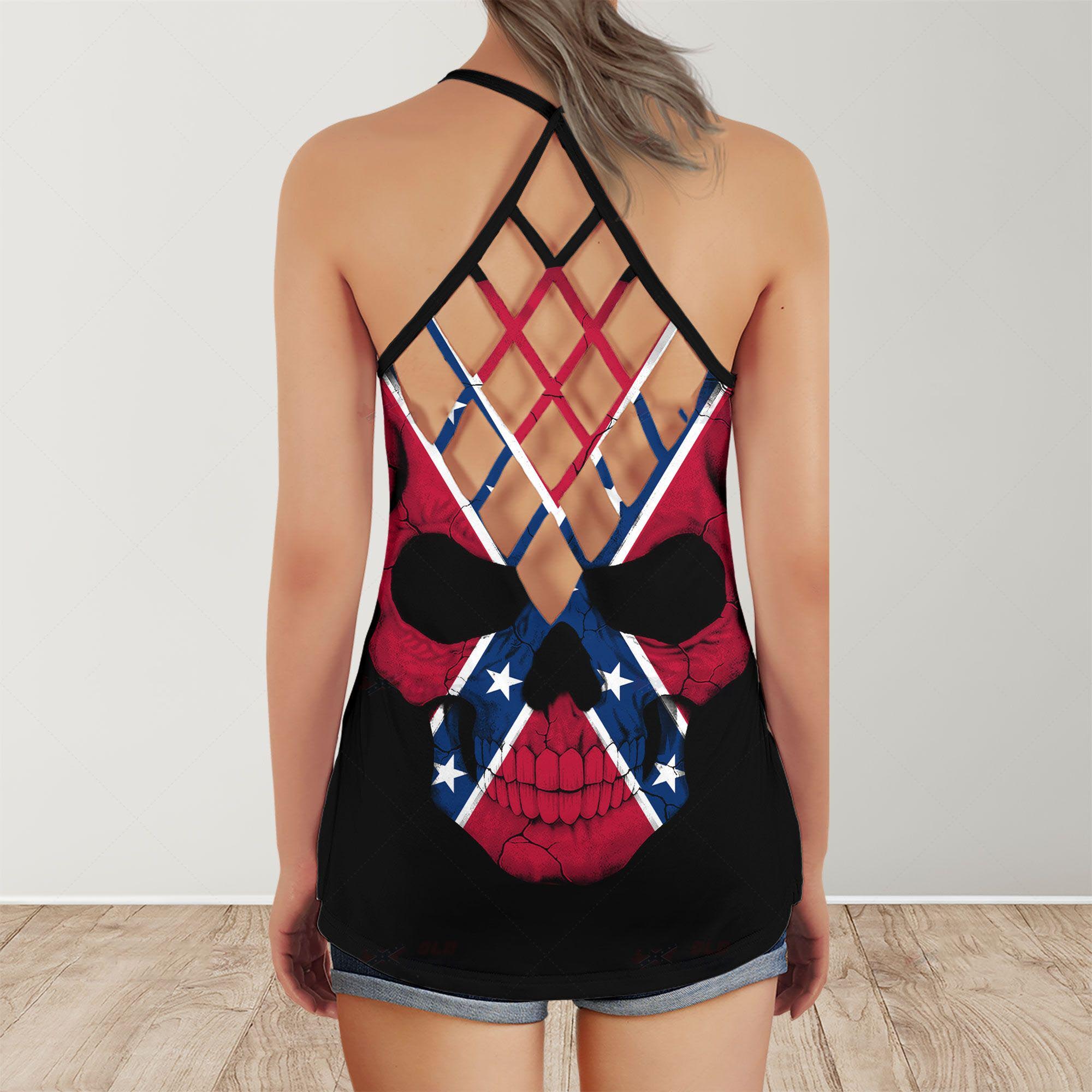 Southern Confederate Flag Skull Rebel till the day I die criss cross tank top - Picture 2