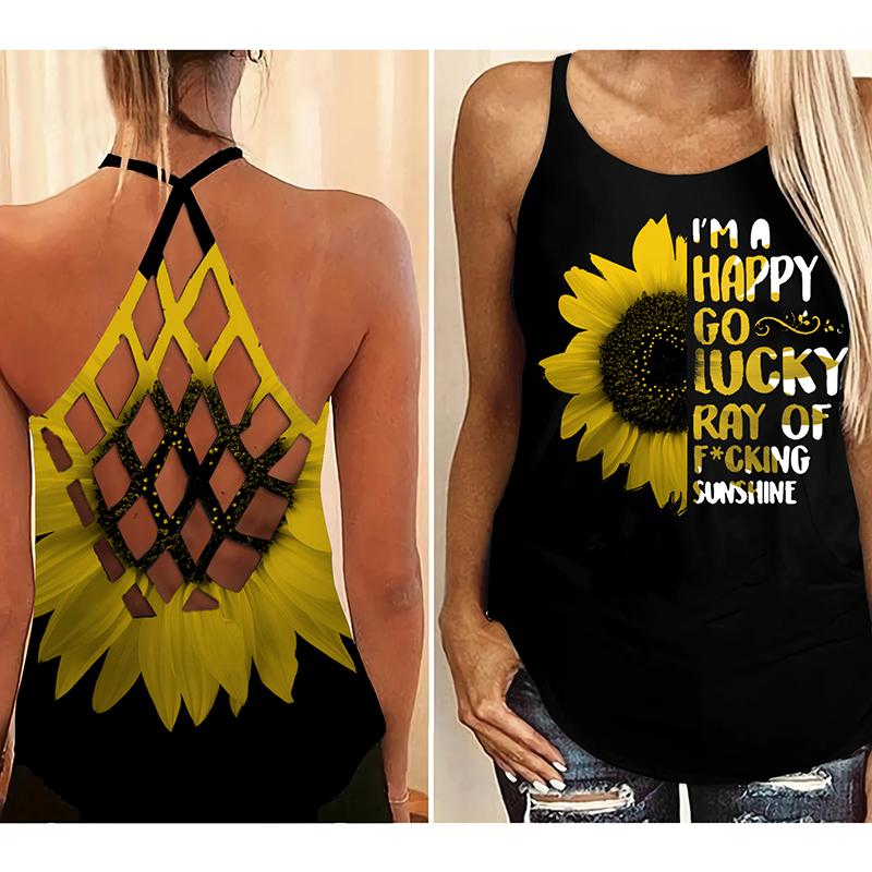 Sunflower I'm a happy go lucky ray of fucking sunshine criss cross open back tank top