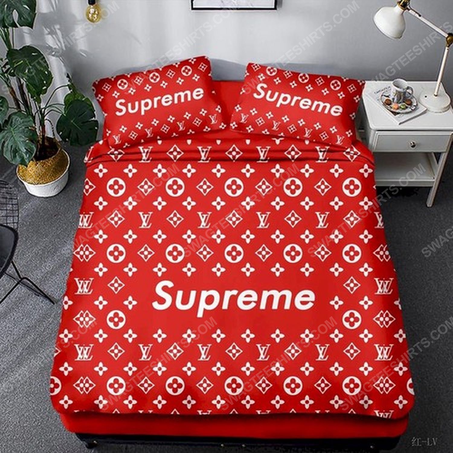 Supreme and lv monogram symbols full print duvet cover bedding set 1