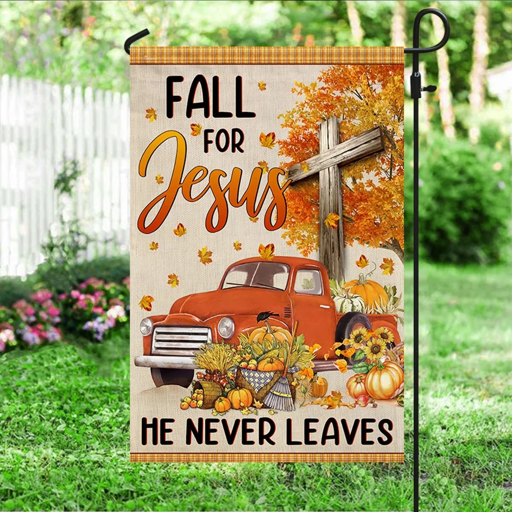 Truck with pumpkins Fall for jesus he never leaves halloween flag - Picture 3