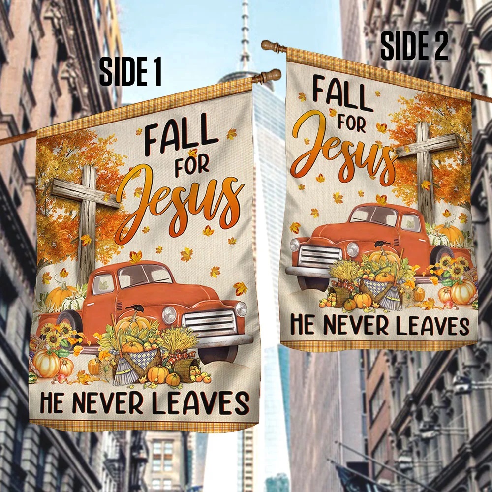 Truck with pumpkins Fall for jesus he never leaves halloween flag