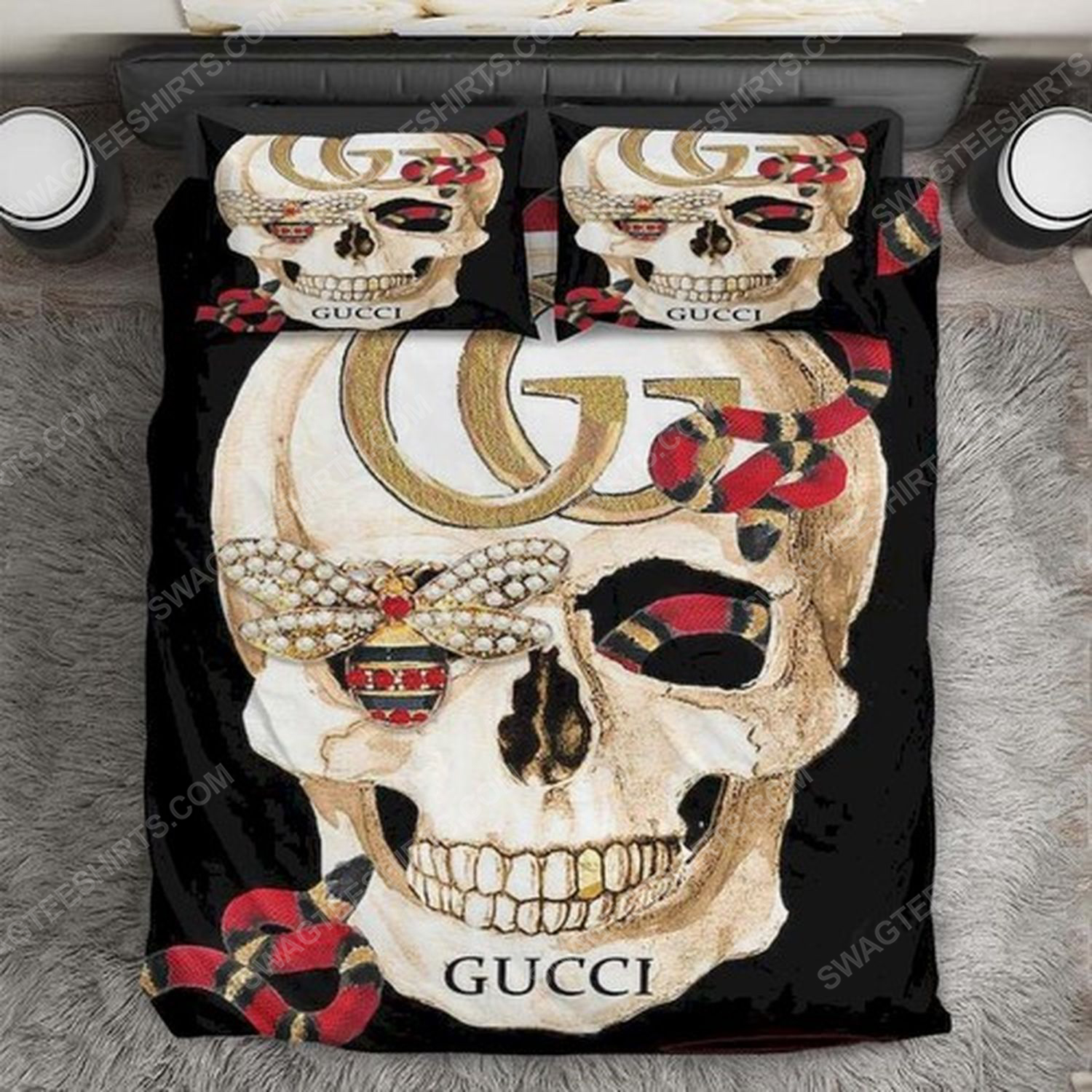 skull gucci and rose full print duvet cover bedding set 1